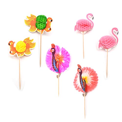Liwein 30 pcs Flamingo Cupcake Toppers,3D Cake Toppers Pavo Real Goldfish Cartoon Cake Picks Toothpicks Suministros de Decoración de Alimentos para Cocktail Fiesta de Cumpleaños Bodas