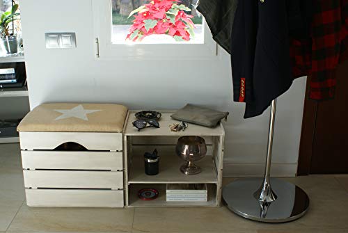 Liza Line Mueble Zapatero de Madera con Puerta (Blanco Envejecido), Banco con Asiento Acolchado, Tela Natural. Ordenar Calzado, Zapatos, Zapatillas. Pino Macizo. Estrella Blanca - 51x47x35 cm