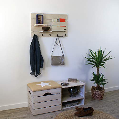 Liza Line Mueble Zapatero de Madera con Puerta (Blanco Envejecido), Banco con Asiento Acolchado, Tela Natural. Ordenar Calzado, Zapatos, Zapatillas. Pino Macizo. Estrella Blanca - 51x47x35 cm
