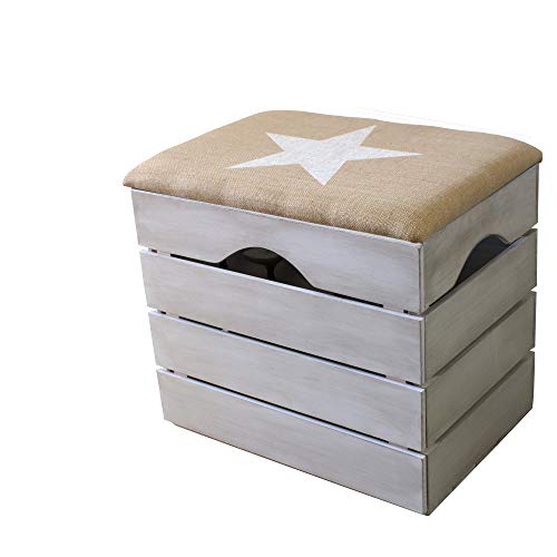 Liza Line Mueble Zapatero de Madera con Puerta (Blanco Envejecido), Banco con Asiento Acolchado, Tela Natural. Ordenar Calzado, Zapatos, Zapatillas. Pino Macizo. Estrella Blanca - 51x47x35 cm