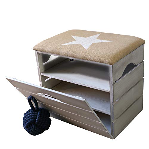 Liza Line Mueble Zapatero de Madera con Puerta (Blanco Envejecido), Banco con Asiento Acolchado, Tela Natural. Ordenar Calzado, Zapatos, Zapatillas. Pino Macizo. Estrella Blanca - 51x47x35 cm
