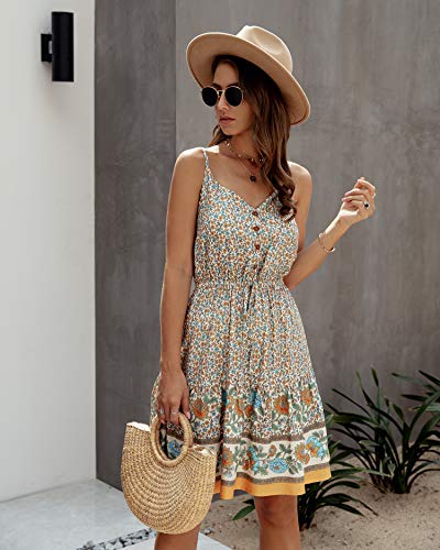 Longwu Mini Vestido de Playa sin Espalda con Cuello en V y Estampado de Flores con Estampado de Flores de Boho para Mujer Albaricoque-M