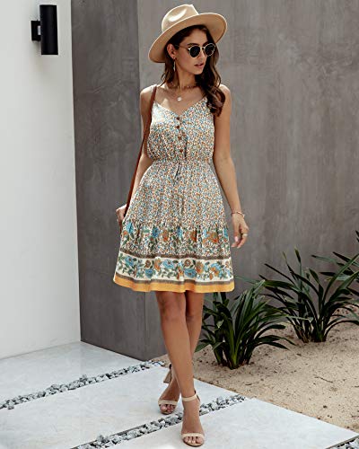 Longwu Mini Vestido de Playa sin Espalda con Cuello en V y Estampado de Flores con Estampado de Flores de Boho para Mujer Albaricoque-M