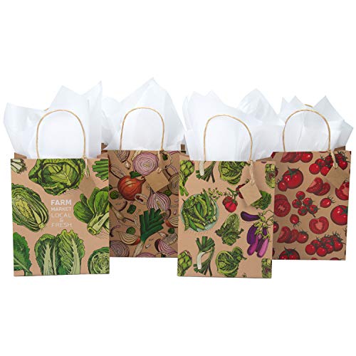 Loveinside Bolsas De Regalo Kraft De Tamaño Mediano - Bolsas De Regalo De Diseño Vegetal con Papel De Seda para IR De Compras, Fiestas, Bodas, Baby Shower - Paquete De 4-20.4 X 10.2 X 25.4 CM