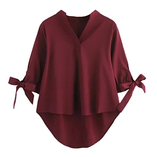 Manga Tres Cuartos Camiseta para Mujer, Covermason Blusa Irregular de la Blusa de Tres Cuartos del Vendaje de la Manga del Cuello en V de Las Mujeres sólidas(L, Vino Rojo)