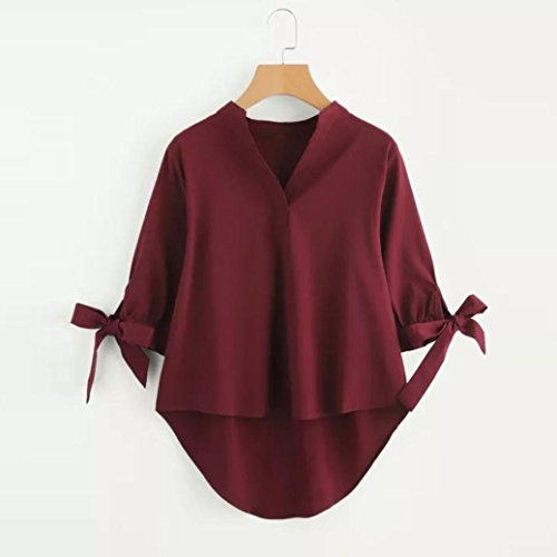 Manga Tres Cuartos Camiseta para Mujer, Covermason Blusa Irregular de la Blusa de Tres Cuartos del Vendaje de la Manga del Cuello en V de Las Mujeres sólidas(L, Vino Rojo)