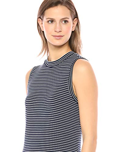 Marca Amazon - Daily Ritual - Vestido largo de punto con cuello mock para mujer, Azul marino, raya blanca, US S (EU S - M)
