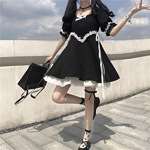 Mcttui Vestido Lolita Lolita Vestido Streetwear Shirt Girl Blanco y Negro Vestido Lolita Sopro Manga Japonés Estilo Punk Estética Elegante Delgado Partido Victoriano Gótico Collar