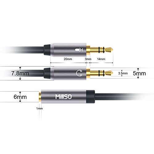 Millso Audio Splitter Cable Headset Adapter 3.5 mm Hembra a Clavija (auricular y micrófono) para PS4 Gaming Auriculares, Tableta, ordenador portátil o PC - GRIS