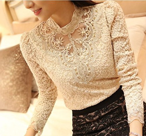 Minetom Mujer Elegante Blusa Cordón Blusa Tops con Diamante De Imitación Camisas OL 2 Colores Beige ES 46