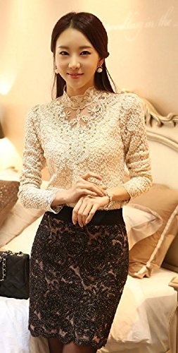 Minetom Mujer Elegante Blusa Cordón Blusa Tops con Diamante De Imitación Camisas OL 2 Colores Beige ES 46