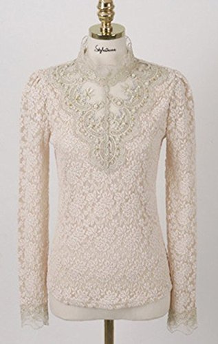 Minetom Mujer Elegante Blusa Cordón Blusa Tops con Diamante De Imitación Camisas OL 2 Colores Beige ES 46