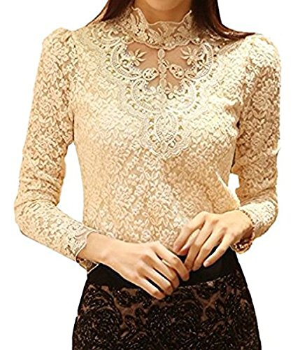 Minetom Mujer Elegante Blusa Cordón Blusa Tops con Diamante De Imitación Camisas OL 2 Colores Beige ES 46