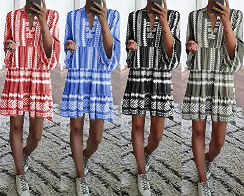Minetom Mujer Vestidos de Verano Impresión Bohemia Vestido de Camiseta Chic Manga 3/4 Sueltos Vestidos de Playa Boho V-Cuello Dress A Azul ES 48