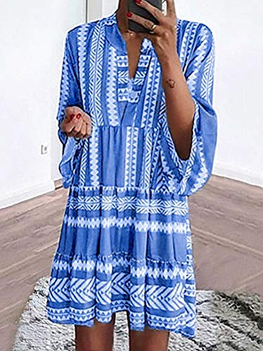 Minetom Mujer Vestidos de Verano Impresión Bohemia Vestido de Camiseta Chic Manga 3/4 Sueltos Vestidos de Playa Boho V-Cuello Dress A Azul ES 48