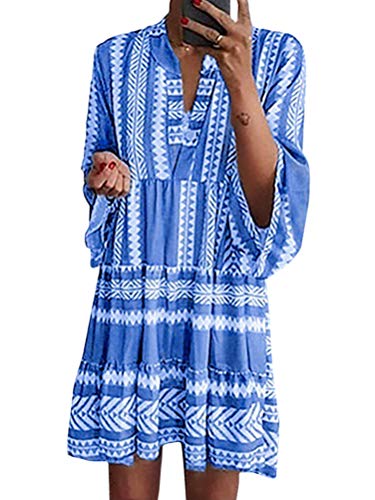 Minetom Mujer Vestidos de Verano Impresión Bohemia Vestido de Camiseta Chic Manga 3/4 Sueltos Vestidos de Playa Boho V-Cuello Dress A Azul ES 48