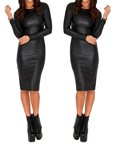 Minetom Vestido de Cuero para Mujer Moda Manga Larga Bodycon Vestidos Clubwear Fiesta Cóctel Noche Club Nocturno Dress Negro 01 ES 42