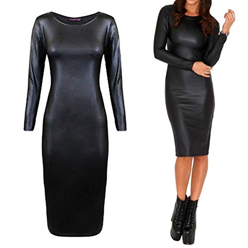 Minetom Vestido de Cuero para Mujer Moda Manga Larga Bodycon Vestidos Clubwear Fiesta Cóctel Noche Club Nocturno Dress Negro 01 ES 42