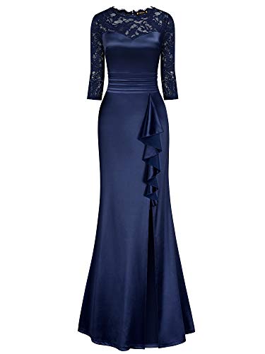 Miusol Raso Encaje Dividido Formal Noche Vestido Largo para Mujer Azul L