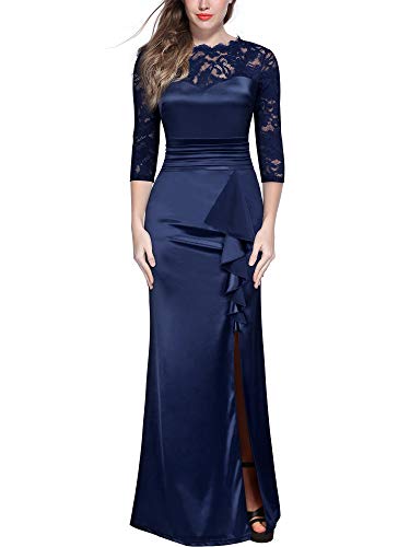 Miusol Raso Encaje Dividido Formal Noche Vestido Largo para Mujer Azul L