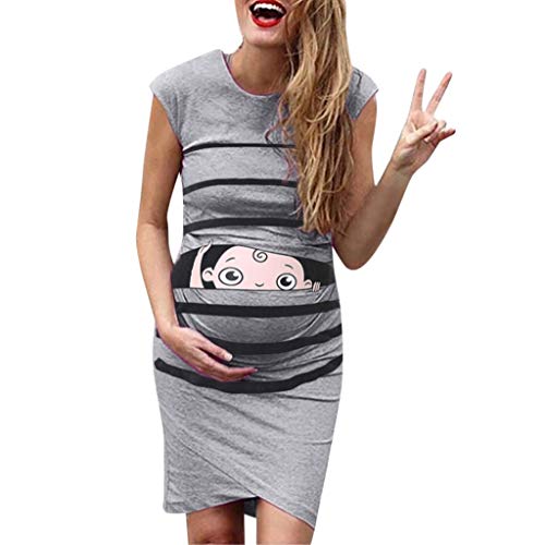 MMUJERYFalda de mujer embarazada Vestido sin mangas de maternidad, impresión de la manera del bebé de la falda larga, embarazada ocasionales flojas de moda para el verano De las mujeres gris 3 Medio