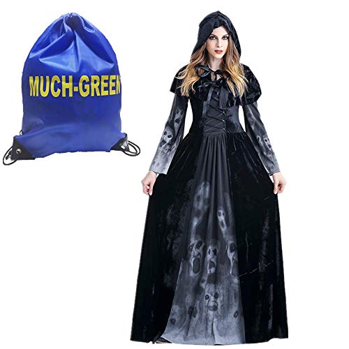 Much-Green Bruja Disfraz Vampiresa de Mujer Halloween,Vestido de Calavera Vampira para Disfraces Fiesta (Negro,XXL)