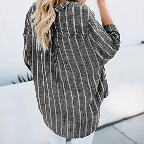 Mujer Blusa Rayas Algodón Camisas Manga Larga Cuello V Tallas Grandes (Negro)