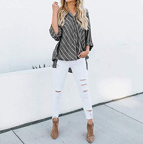 Mujer Blusa Rayas Algodón Camisas Manga Larga Cuello V Tallas Grandes (Negro)