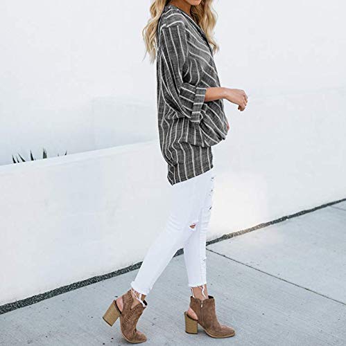 Mujer Blusa Rayas Algodón Camisas Manga Larga Cuello V Tallas Grandes (Negro)