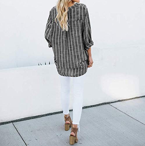 Mujer Blusa Rayas Algodón Camisas Manga Larga Cuello V Tallas Grandes (Negro)
