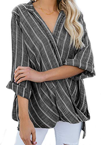 Mujer Blusa Rayas Algodón Camisas Manga Larga Cuello V Tallas Grandes (Negro)