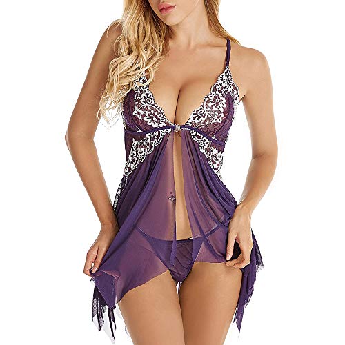 Mujer Camisón Conjunto de Lencería Halter Abierto Posterior Encaje Tul Babydoll Tanga de Encaje con Cuello en v camisón Sexy Tanga de Encaje de Corte bajo riou