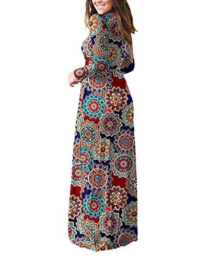 Mujer Color Sólido Vestido Largos Elegante Vestido de Manga Larga con Cuello Redondo con Bolsillos Vestidos de Fiesta con Estampado Floral Falda Suelto Casual de Otoño Flor-E S