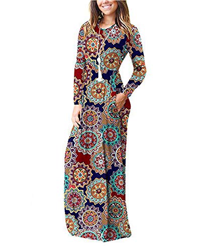 Mujer Color Sólido Vestido Largos Elegante Vestido de Manga Larga con Cuello Redondo con Bolsillos Vestidos de Fiesta con Estampado Floral Falda Suelto Casual de Otoño Flor-E S