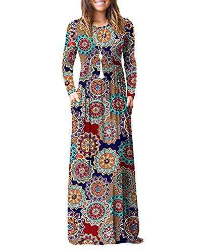 Mujer Color Sólido Vestido Largos Elegante Vestido de Manga Larga con Cuello Redondo con Bolsillos Vestidos de Fiesta con Estampado Floral Falda Suelto Casual de Otoño Flor-E S
