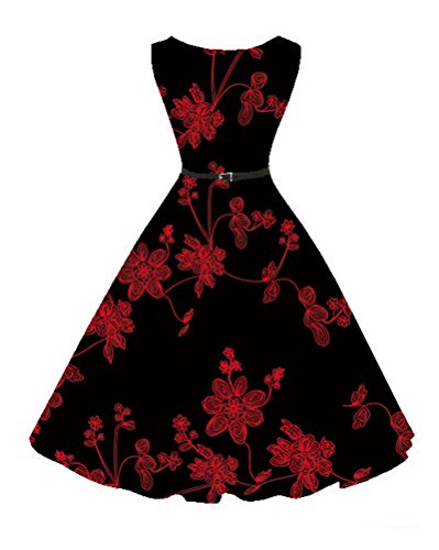 Mujer Hepburn Vintage Vestido Sin Mangas De Cuello Redondo con Correa Rockabilly Fiesta Cóctel Pin Up Swing Vestido De Cuello Redondo