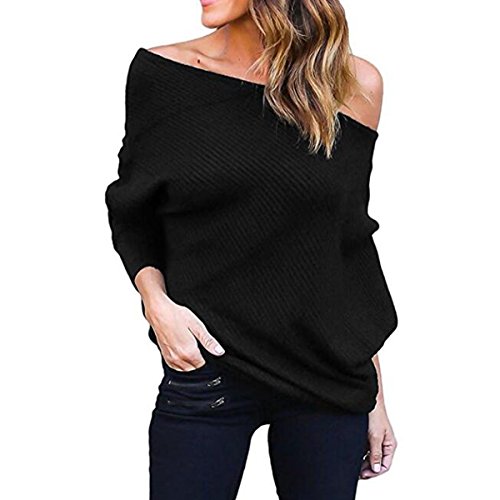 Mujer Moda Suéter Largo Casual Jersey Prendas de Punto de Cuello Barco Batwing Mangas Largas Camiseta Tops Suelto Prendas de Punto Suéter