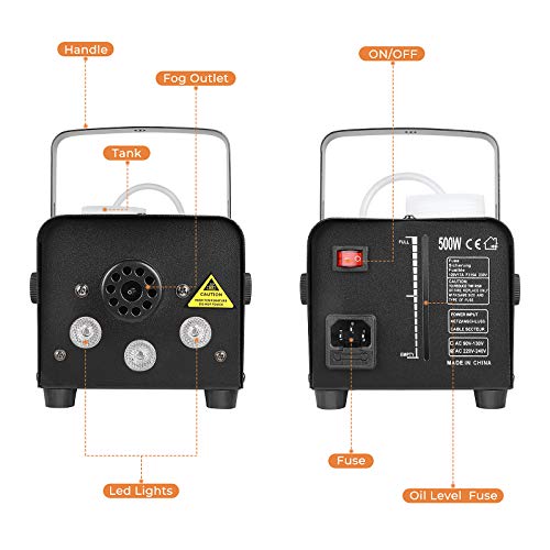 MVPower 500W Mini Máquina de Humo con 7 colores de Luces, Máquina de Co2 Portátil, Máquina de Niebla con Control Remoto Inalámbrico, para Fiestas, Bodas, Clubes, Discotecas, 350 ml,Negro