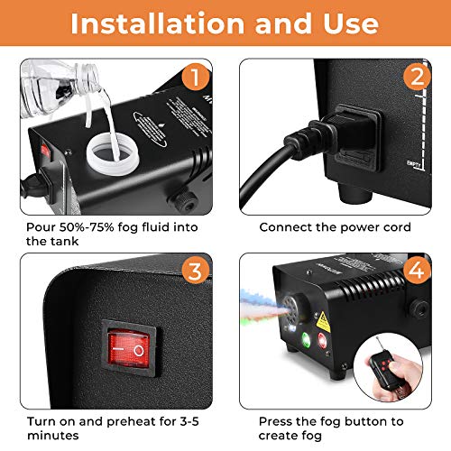 MVPower 500W Mini Máquina de Humo con 7 colores de Luces, Máquina de Co2 Portátil, Máquina de Niebla con Control Remoto Inalámbrico, para Fiestas, Bodas, Clubes, Discotecas, 350 ml,Negro