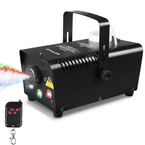 MVPower 500W Mini Máquina de Humo con 7 colores de Luces, Máquina de Co2 Portátil, Máquina de Niebla con Control Remoto Inalámbrico, para Fiestas, Bodas, Clubes, Discotecas, 350 ml,Negro