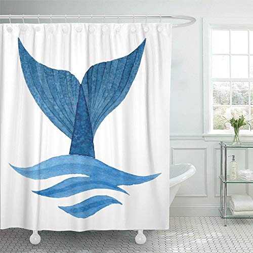N\A Cortina de Ducha Decorativa Buceo Azul Cola de Ballena en Ola Dibujado a Mano Acuarela Pez Mar Océano Especies Agua Animal Acuático Impermeable Resistente al Moho Baño Conjunto de Gancho Cortinas