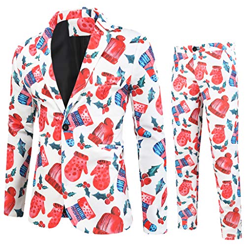 Navidad Traje Hombre Blazers y Pantalones Dos Piezas Diferentes Estampados Pantalones de Chaqueta Set Ropa de Fiesta Hombres