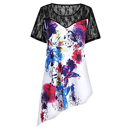 NEEKY Camiseta para Mujer Desigual - Panel de Encaje de Manga Corta para Mujer Tie Dye Camiseta asimétrica Blusa Superior Informal