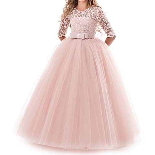 NNJXD Chicas Pompa Bordado Vestido de Bola Princesa Boda Vestir Talla(150) 9-10 años 378 Rosa-A