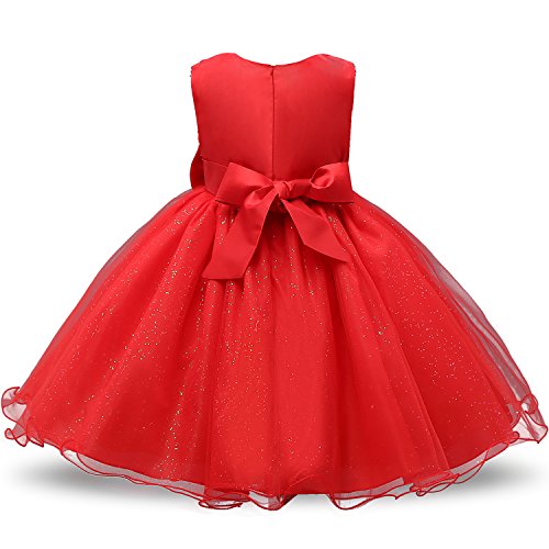 NNJXD Vestido de Fiesta de Princesa con Encaje de Flor de 3D sin Mangas para Niñas (2-3 años, Rojo)