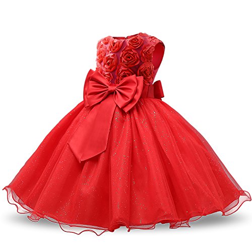NNJXD Vestido de Fiesta de Princesa con Encaje de Flor de 3D sin Mangas para Niñas (2-3 años, Rojo)