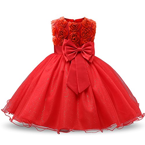 NNJXD Vestido de Fiesta de Princesa con Encaje de Flor de 3D sin Mangas para Niñas (2-3 años, Rojo)