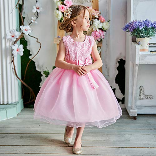 NNJXD Vestido de Fiesta de Princesa con Encaje de Flor de 3D sin Mangas para Niñas Talla(110) 2-3 Años Rosa