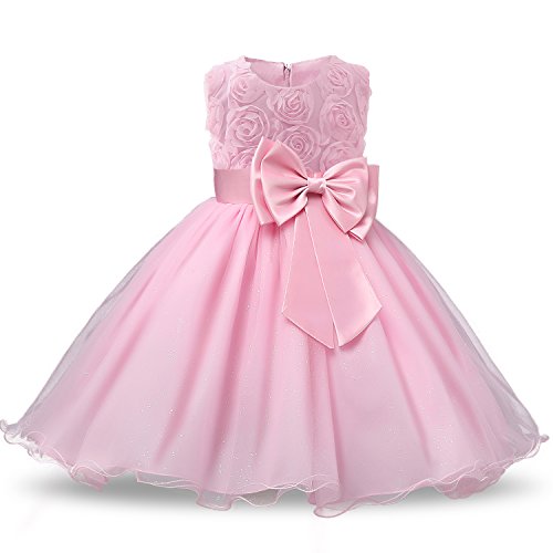 NNJXD Vestido de Fiesta de Princesa con Encaje de Flor de 3D sin Mangas para Niñas Talla(110) 2-3 Años Rosa