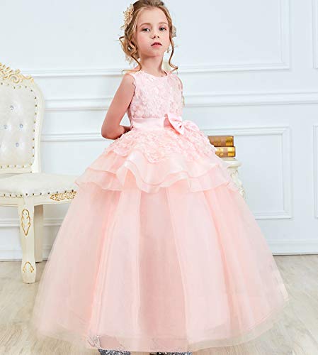 NNJXD Vestido de Princesa del Desfile con Encajes sin Mangas Falda de Fiesta para Niñas Talla (150) 10-11 años 354 Rosa-A